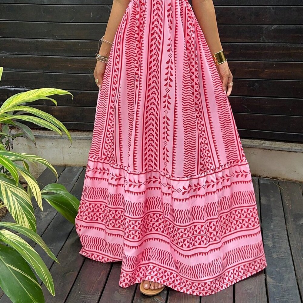 Boho Pink Women's Deep V-Neck Halter Digital Print Dress - Picture 6 of 6